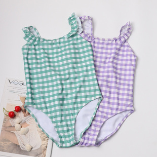 泳装 出口外贸女童连体泳衣 新款 品牌儿童连身游泳衣 格子可爱ZA