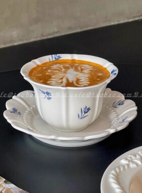 复古法式兰花花瓣珠点陶瓷咖啡拉花杯下午茶杯碟小众手握杯中古杯