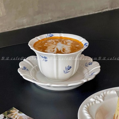 复古法式兰花花瓣珠点陶瓷拉花杯