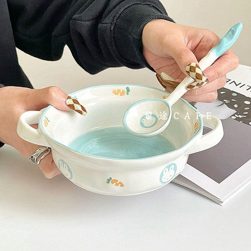 ins风彩绘双耳陶瓷水果碗