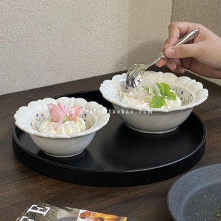 小清新花瓣边珠点奶油蛋糕碗甜品碗ins陶瓷碗蓝色花枝糖水碗 法式