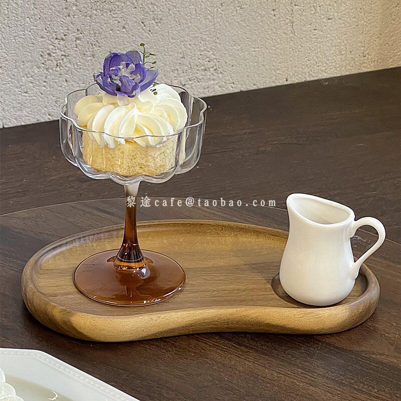 法式小众花瓣高脚杯ins高颜值琥珀色起泡香槟杯红酒杯玻璃甜品杯