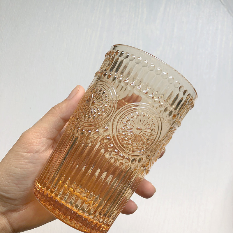 ins风复古浮雕太阳花玻璃水杯咖啡果汁杯啤酒杯可爱少女家用杯子