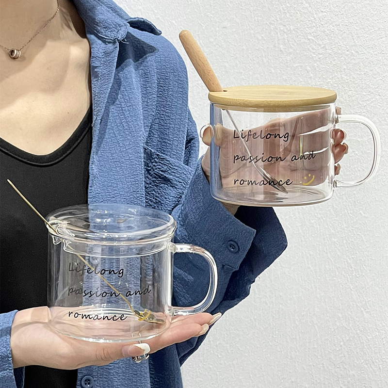 高颜值ins风英文字母带把咖啡杯简约玻璃马克杯泡茶杯早餐燕麦杯