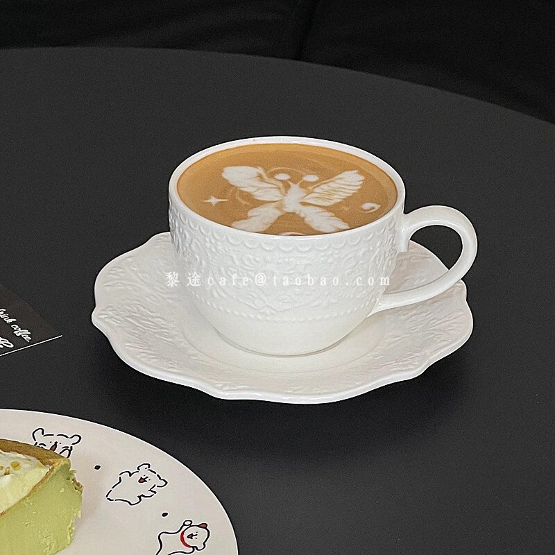 精致ins风纯色浮雕花朵咖啡杯碟简约高级感拿铁拉花杯碟陶瓷杯碟