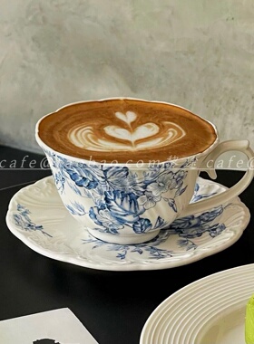 ins法式精致浮雕凌霄花陶瓷下午茶咖啡杯家用早餐杯牛奶杯咖啡杯