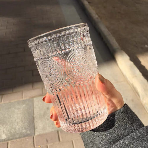 ins浮雕圆形太阳花奶茶店玻璃杯