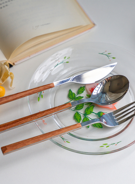 日韩仿木柄不锈钢刀叉餐具 ins甜品叉雪糕勺意粉叉日式汤勺咖啡勺