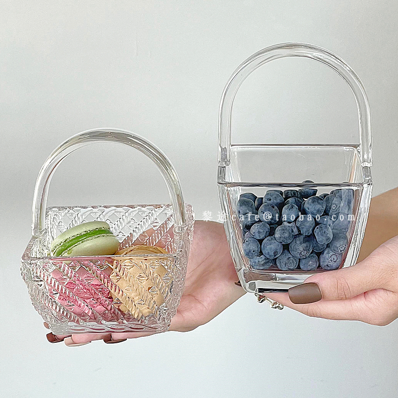 方形浮雕藤编玻璃水果篮手提