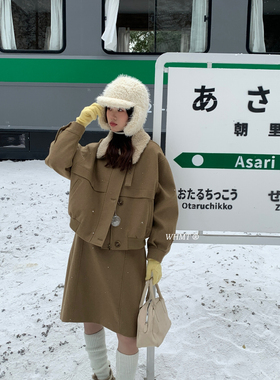 RS.WHMT-工装外套+高腰半身裙套装(配腰带,可拆卸毛领)