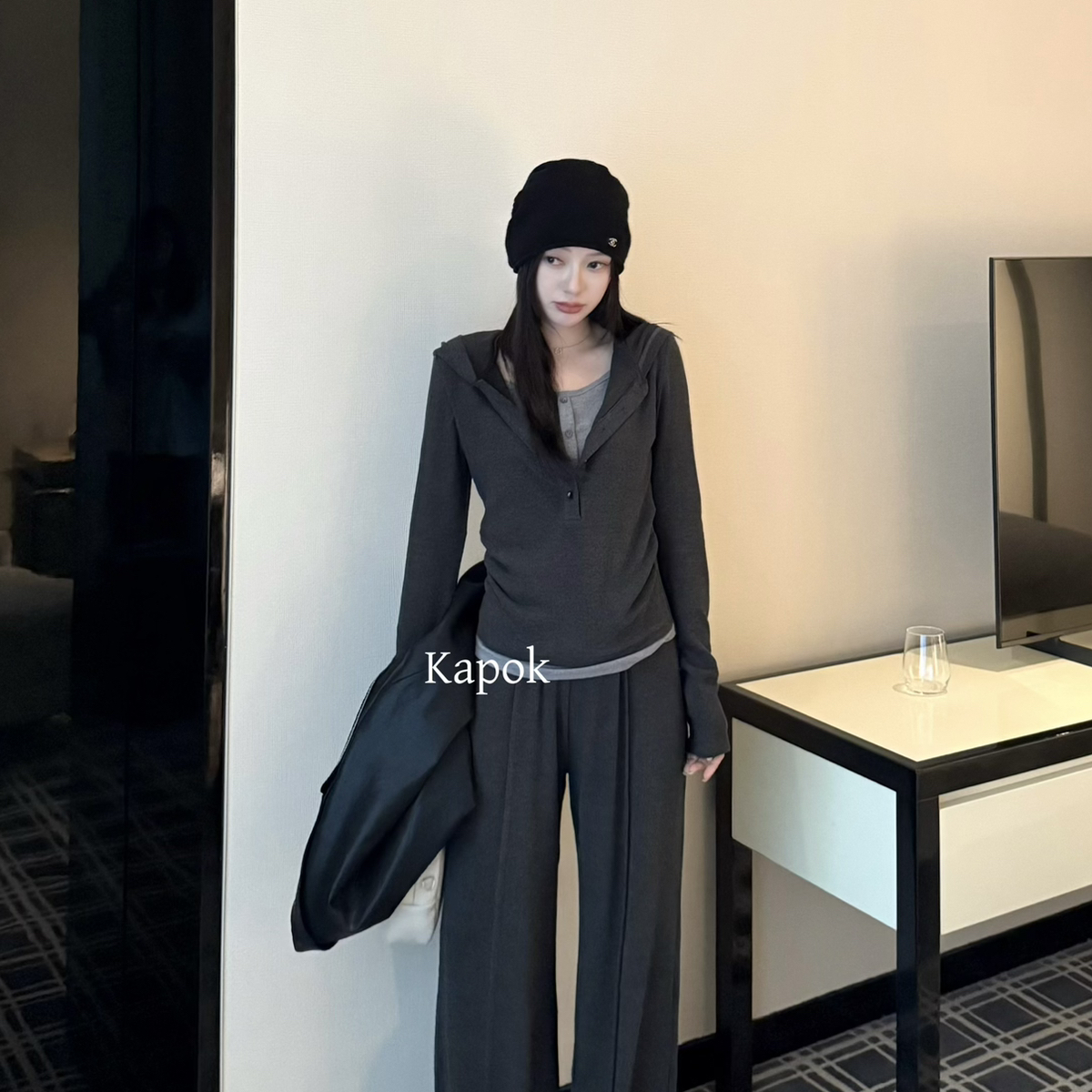 KAPOK销1000半开扣连帽假两件小衫松紧腰休闲裤套装加厚磨毛