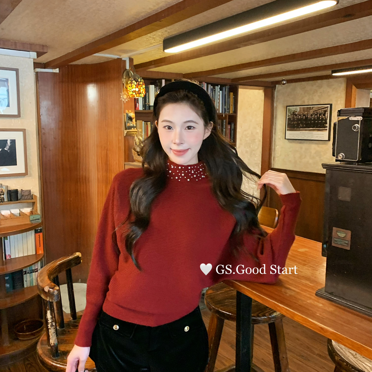 GS.GOOD START-～珍珠领太米啦气质up冬季法式复古珍珠蝙蝠袖小衫