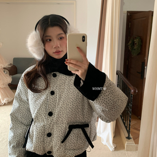 RS.WHMT-韩系甜美蝴蝶结撞色小碎花羽绒服+丝绒半身裙套装