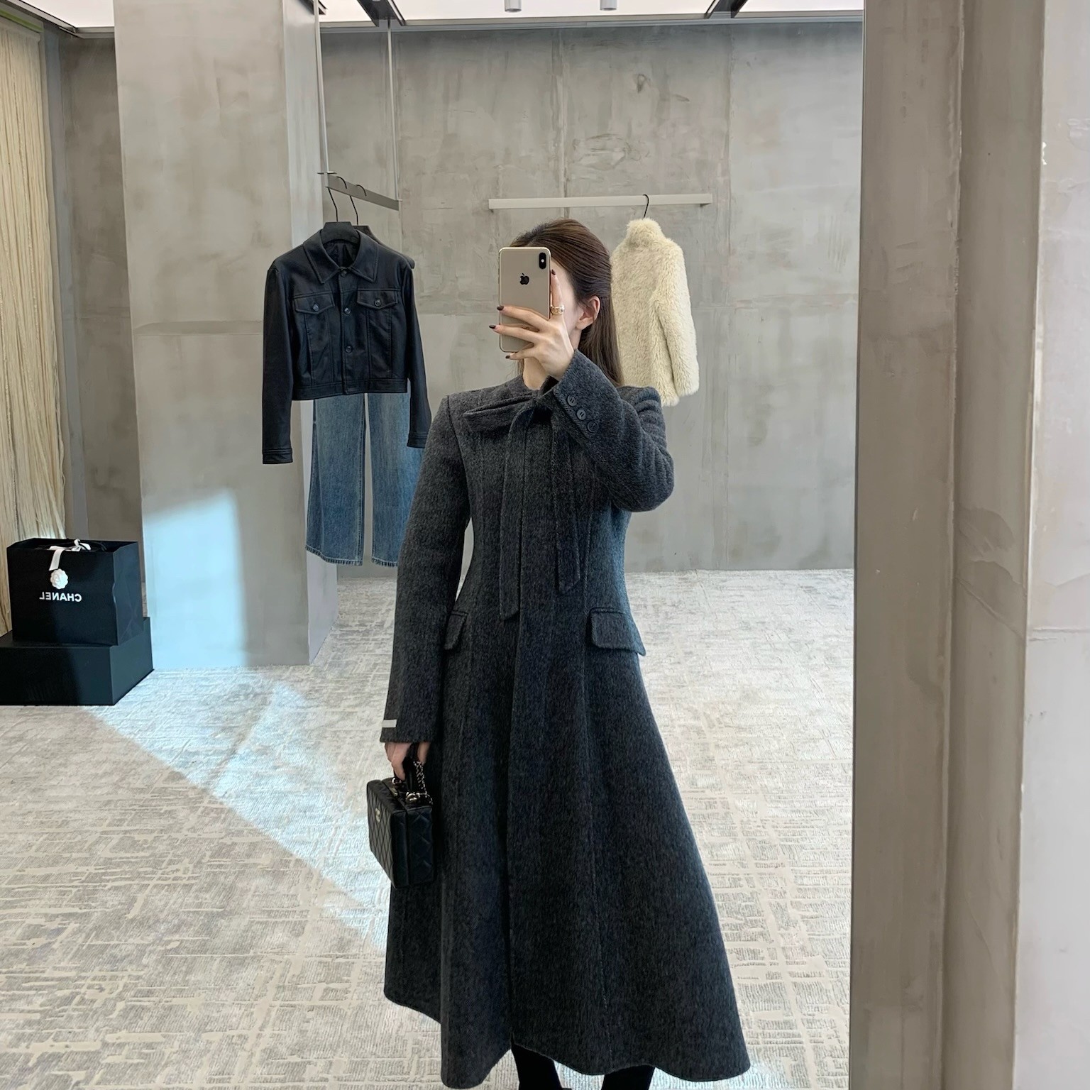 EASE-式名媛赫本风蝴蝶结收腰显瘦沙漏状双面羊毛外套