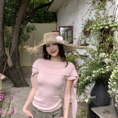 GS.GOOD START-设计感修身短袖针织小衫(配可拆卸披肩)