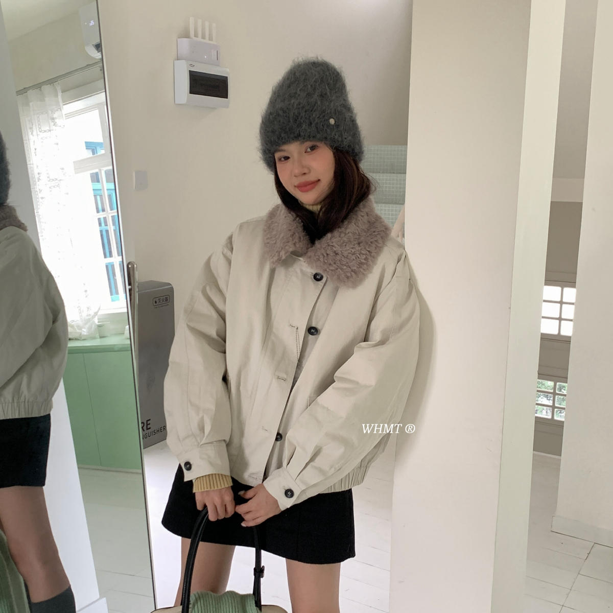 RS.WHMT-巴恩风～韩系翻领羊羔毛领拼接派克服保暖羽绒服外套