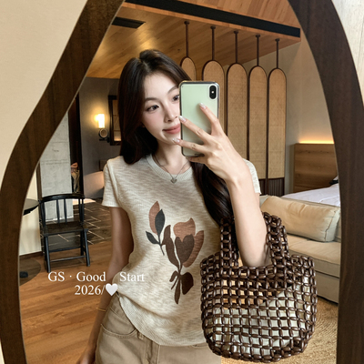 GS.GOOD START-一键显瘦变身美辣韩女夏纯欲印花修身针织短袖小衫