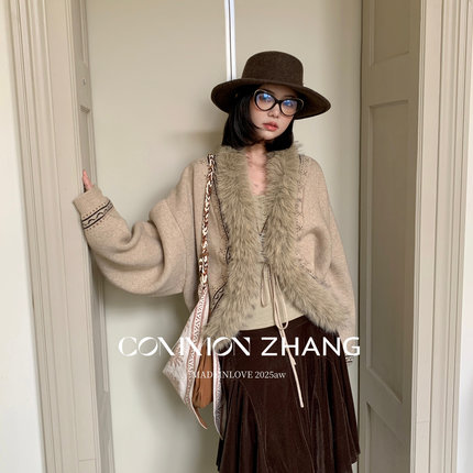 CZ ZHANG-冬季新款法式蝙蝠袖毛毛复古毛织开衫保暖毛衣