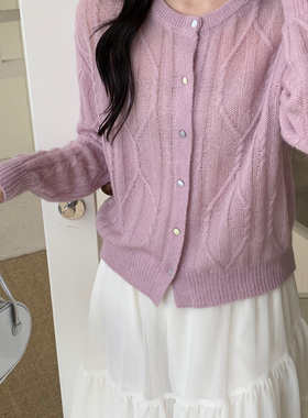 MUUTIS牧缇-系绞花螺纹圆领宽松小羊驼绒针织开衫