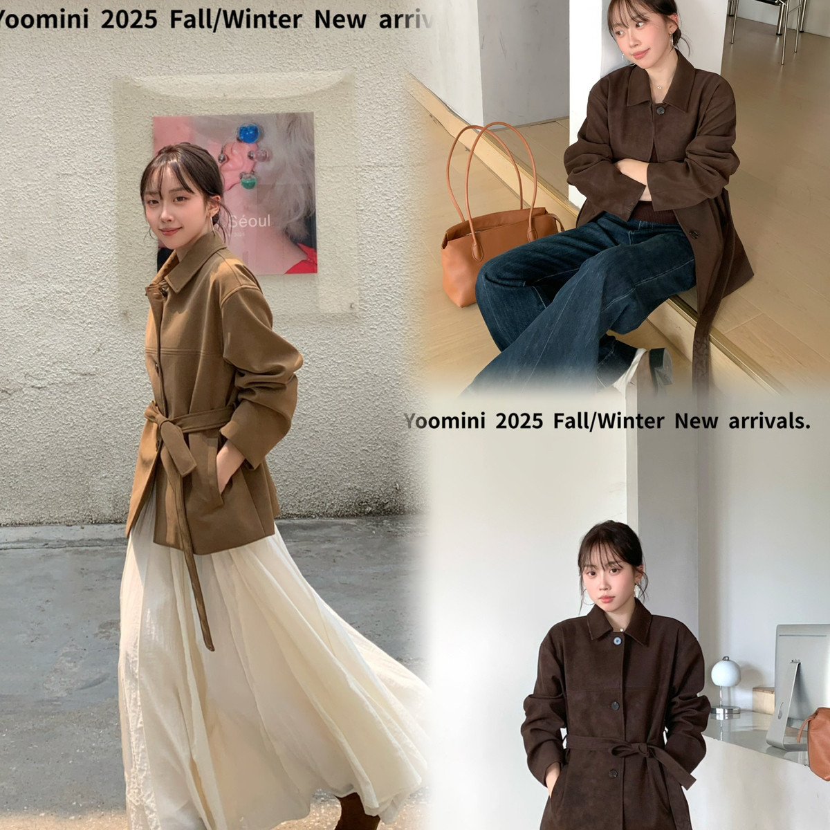 YOOMINI-古绎绅·翻领简廓仿麂皮摩登暖褐氛围感外套皮衣(配腰带)