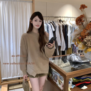 露式 款 小香肩City品•不规则下摆慵懒斜肩卡其色毛衣 OFFICIAL