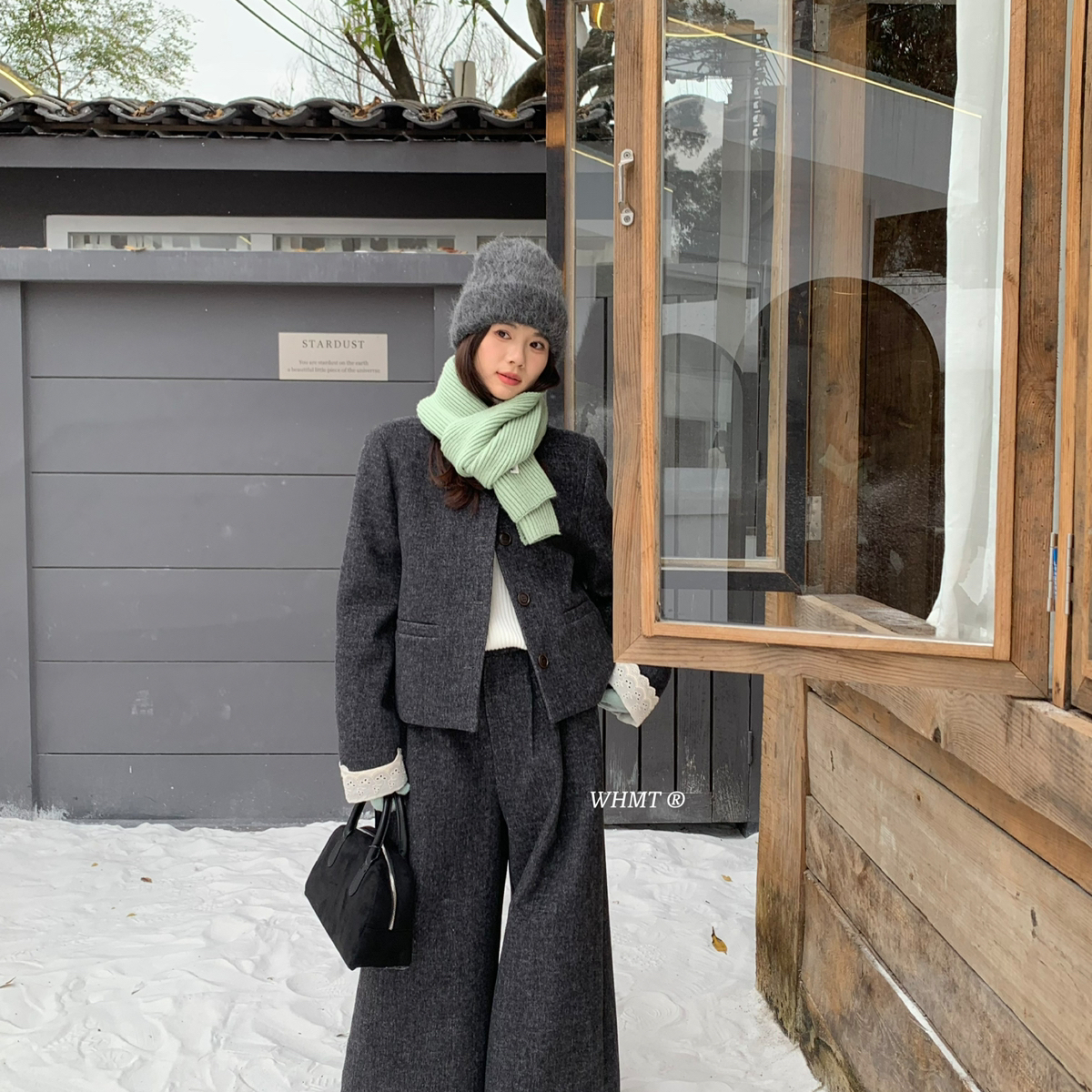 RS.WHMT-蕾丝袖拼接羊毛羽绒服外套+阔腿长裤两件套装（含55羊毛