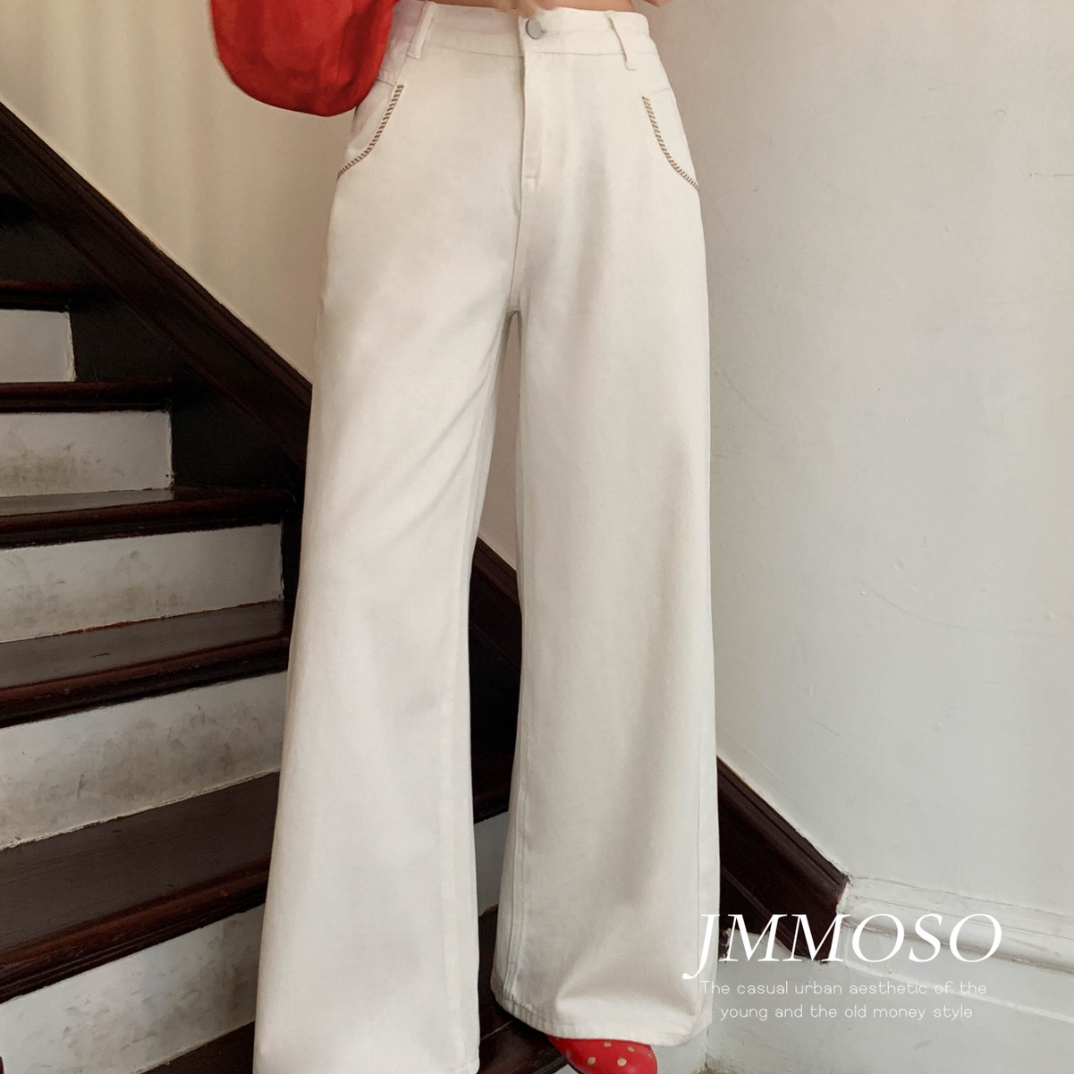 ZY GODDESS-顶流白牛洗水韩版高腰明线口袋显瘦显腿长休闲牛仔裤