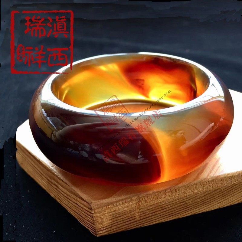 滇西瑞祥天然a货缅甸琥珀精品黑蜜溶洞双色美镯手镯玉镯女56.5mm