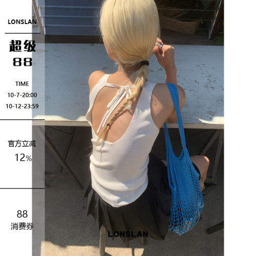 LONSLAN 2025春夏新款简约修身V领无袖针织后背绑带短款内搭背心
