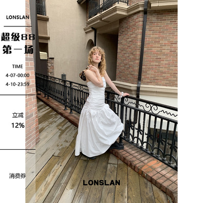 LONSLAN 2026春夏新品褶皱收腰抹胸大摆连衣裙
