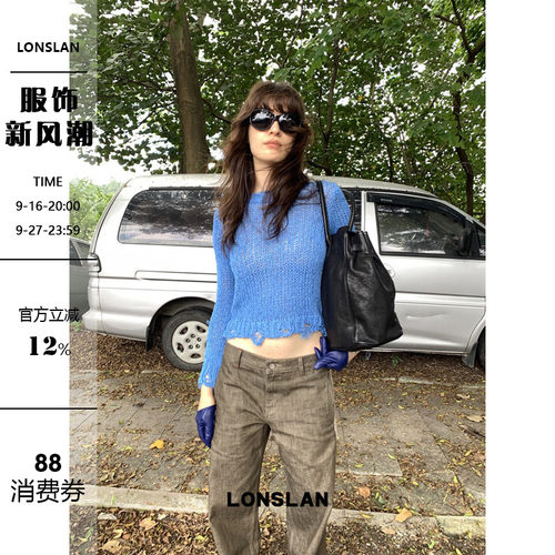 LONSLAN 26AW 秋冬新款手工粗线短款破边针织毛衣