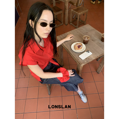 LONSLAN25SUMMER 卷边袖口短袖收腰绑带衬衫配发圈