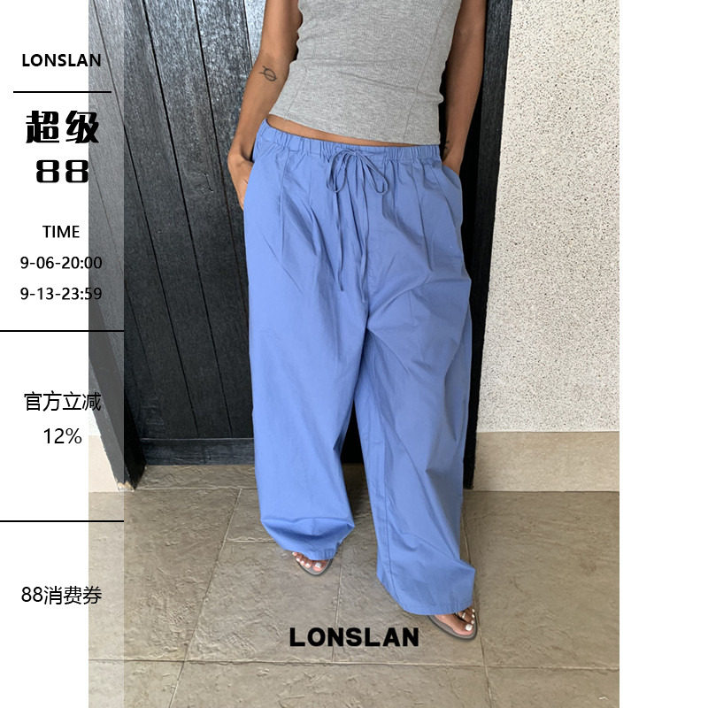 LONSLAN 2026夏季新款松紧绑带蓝色休闲阔腿裤图片