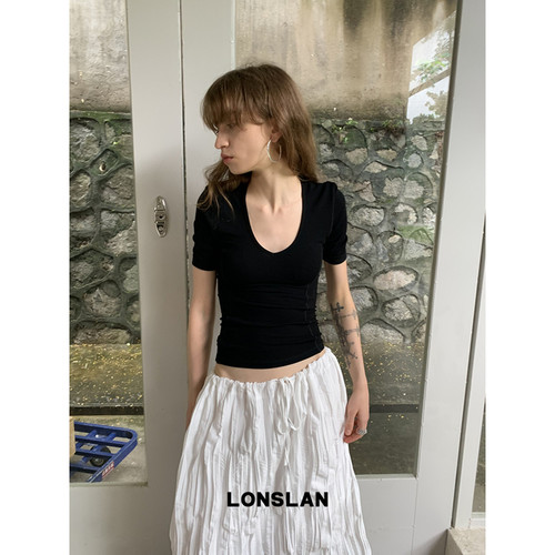 LONSLAN2026夏季新款V领腰线收腰显瘦短袖T