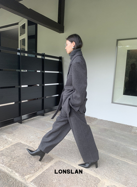 LOSLAN 2024秋冬新款商务休闲羊毛呢子收腰绑带西装+西装裤套装女
