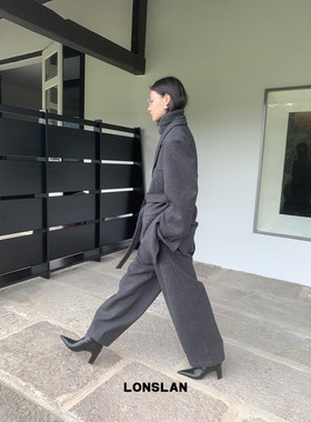 LOSLAN 2024秋冬新款商务休闲羊毛呢子收腰绑带西装+西装裤套装女