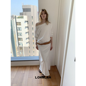 LONSLAN25SUMMER 简约纯白色斜肩长袖 连衣裙