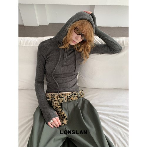 LONSLAN 2025秋季新款 绒面磨系扣连帽修身打底T