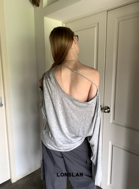 LONSLAN 2025新款小众设计宽松斜边露肩随意慵懒长袖防晒T恤上衣