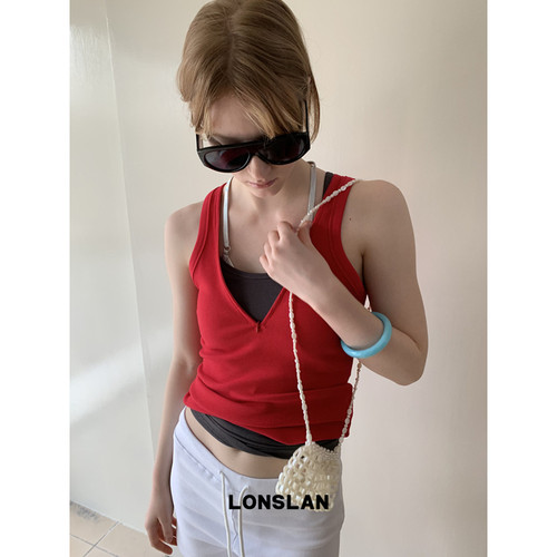 LOSLAN 25SS 简约小设计感针织显瘦拉链v领背心