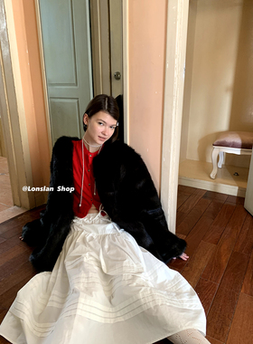 LONSLAN 2024秋冬新品宽松百搭黑色气质款长毛外套皮草上衣女
