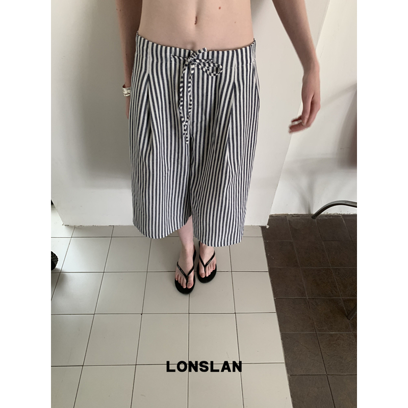 LONSLAN25SUMMER  棉麻蓝色条纹七分阔腿裤