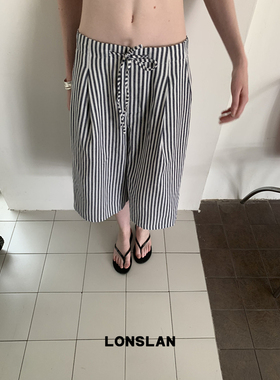 LONSLAN25SUMMER  棉麻蓝色条纹七分阔腿裤