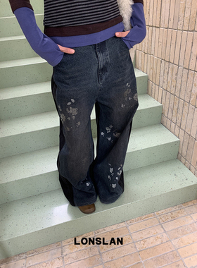 LONSLAN 25AW 12.8  00:00NEW  花朵印花拼接牛仔阔腿裤