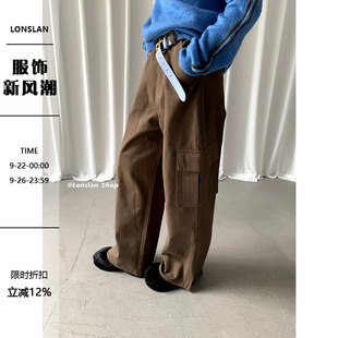 褲 LONSLAN 2023秋冬新款 百搭大口袋寬松顯瘦拖地工裝 女 長褲