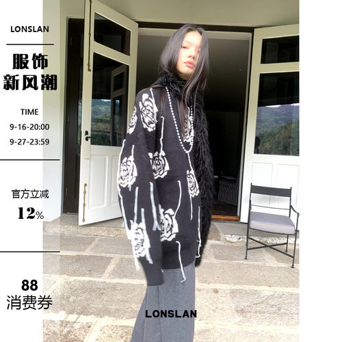 LOSLAN 2024秋冬新款小众设计慵懒风花朵刺绣流苏厚实圆领毛衣女