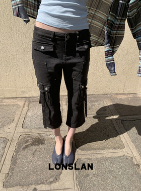 LONSLAN 2025 SUMMER 做旧口袋深灰色工装七分裤