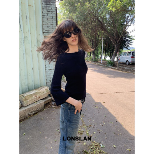 LONSLAN 26AW 秋冬新款一字领杂色复古八分喇叭袖收腰羊毛毛衣