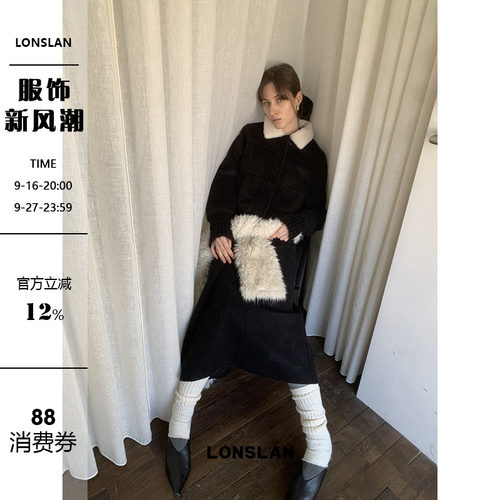 LONSLAN 24WINTER 12/9 20:00NEW羊绒口袋毛领外套+半裙套装