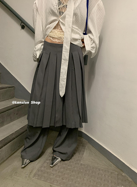 LONSLAN 小众设计宽松叠穿阔腿拖地假两件西装百褶裙半身裙长裙女